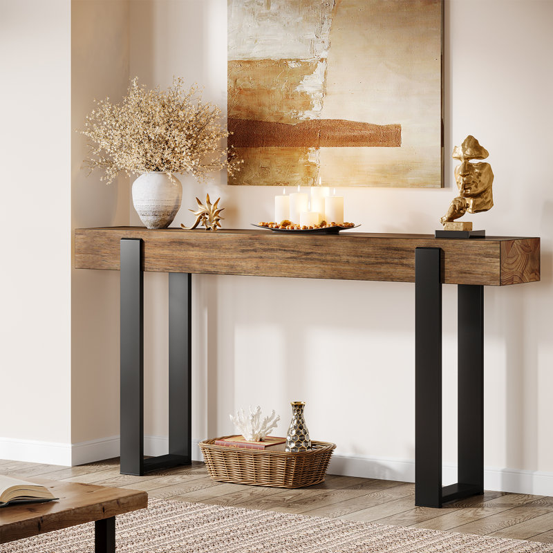 63-Inch Long Solid Wood Sofa Console Table Behind the Couch, Metal Support, Farmhouse Entryway Furniture for Entrance, Hallway, Living Room, Rustic Brown & Black