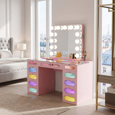 Ensemble de coiffeuse avec miroir lumineux et plateau en verre HD avec 12 bandes de lumière DEL intégrées
