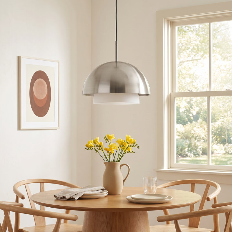 Octavia 15.75" Wide Pendant with Metal/Glass Shade in Brushed Nickel/Brushed Nickel and White, Brushed Nickel