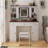 Farmhouse Vanity Desk With Sliding Mirror,Lights And Charging Station,Makeup Table Desk With Dimmable Led Light,Vanity Makeup Table With Sponge Soft Stool,White+Brown Finish