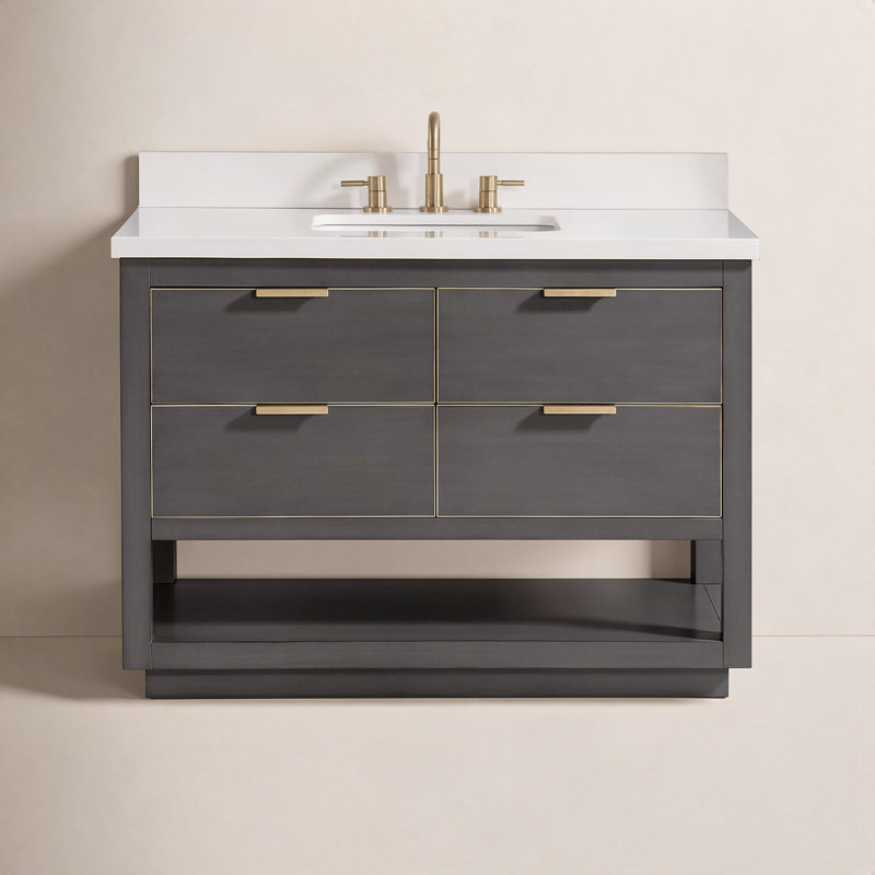 Meuble-lavabo simple 42 po avec plateau en marbre de Carrare Allie, Gris crépuscule, L 42 po, Quartz blanc / or