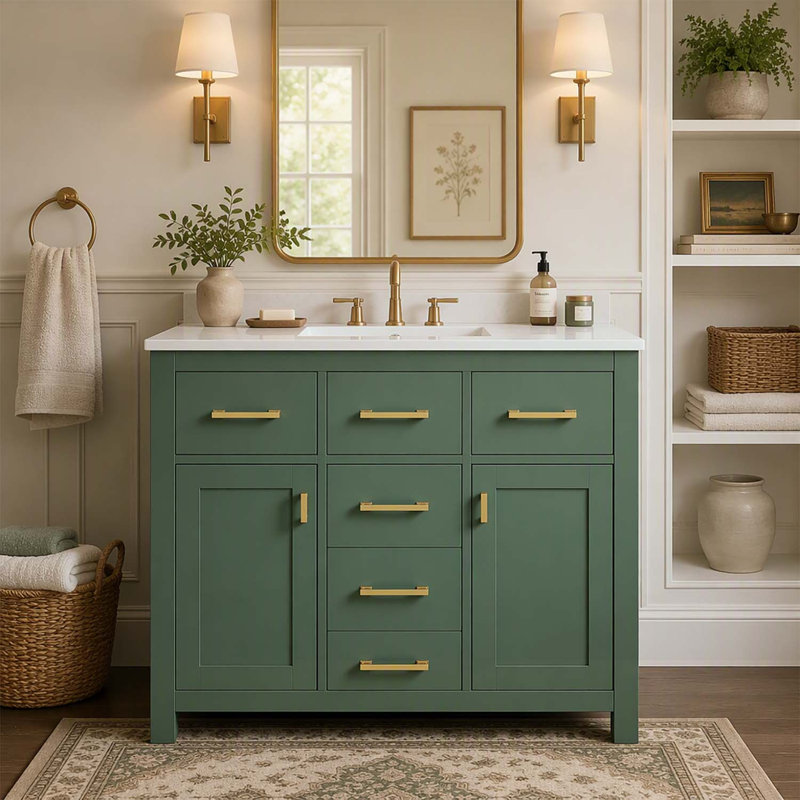 Meuble-lavabo moderne sur pied de 91 cm (36 po) avec lavabo en céramique, 4 tiroirs et 2 placards, structure en bois, fini vert