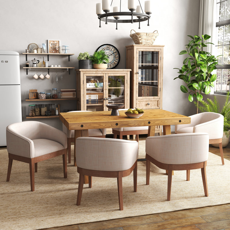 Table de salle à manger en bois massif rustique et chaises, Naturel, 7 pièces : table, 6 chaises, Beige / brun