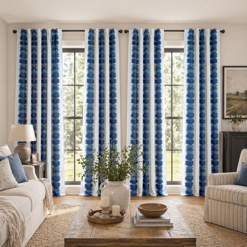 Camarillo Printed Flambe Wave Ikat Room Darkening Curtains - Single Panel Drapes, Blue, 50"W x 96"L