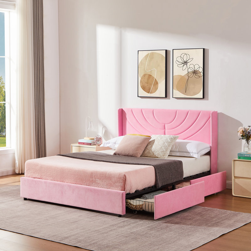 Auxter Full Size Upholstered Bed Frame with 4 Storage Drawers and Storage Wingback Headboard, Velvet Full Platform Storage Bedframe, Mattress Foundation with Wooden Slats Support, No Box Spring Needed, Pink