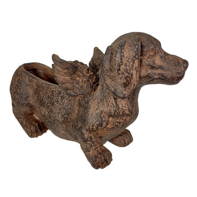 Whimsical Flying Dachshund Planter With Drain Hole – 18 Inch Brown Magnesium Oxide Wiener Dog Animal Planter For Succulents, Flowers, Indoor Outdoor Rustic Decor – Weather-Resistant Dog Garden Pot