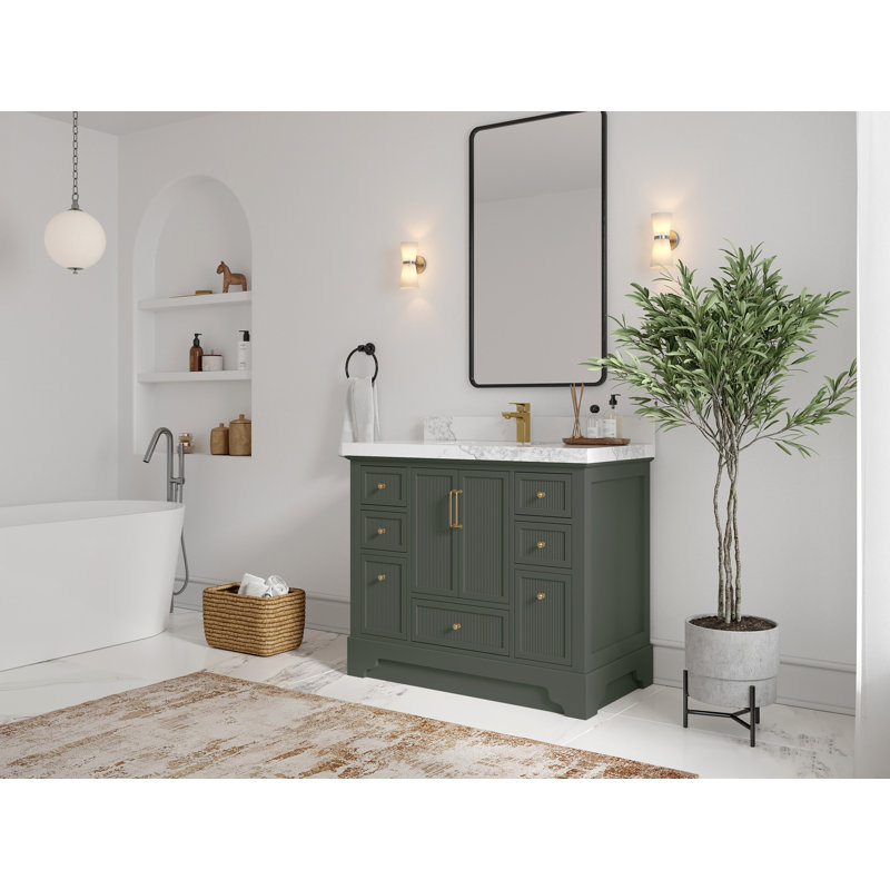 Meuble-lavabo sur pied simple 42 po avec plateau en quartz Alys, Calacatta Laza