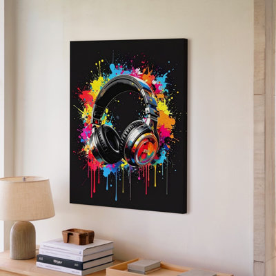 Graffiti sonore noir casque avec peinture néon éclaboussures d'art quand toile murale, prêt à accrocher