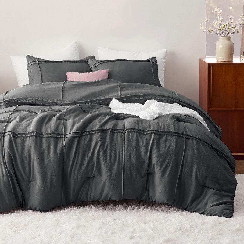 Bedsure Prewashed Pinch Pleat Bedding Sets, Queen Comforter + 3 Additional Pieces, Dark Gray