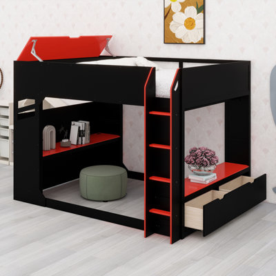 Lit mezzanine en bois avec bureau réglable en hauteur, tiroirs, compartiments de rangement, tringle et lumières RVB