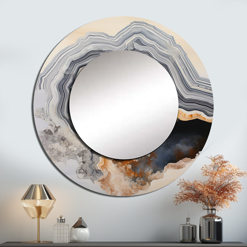 Stone Geode Scenery Minimalisme I - grand miroir en pierre géode, miroir mural rond beige, impression d'art en métal
