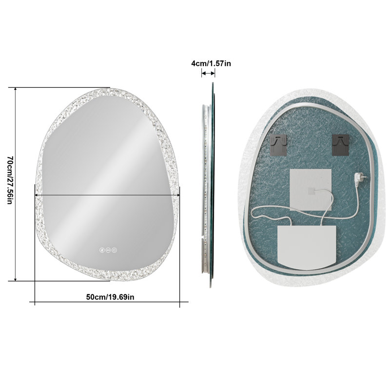 Stylish Stone Border Irregular Led Wall Mirror Bathroom Vanity Mirror With Blaklit 3 Color Temperature Lights Anit-fog Dimmable, 3 Touch Sensor Switch Plug In