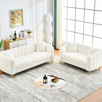 Canapé en chenille surdimensionné de luxe surdimensionné à 5 places avec mousse haute densité, pieds en métal et pieds incurvés pour le salon avec pieds dorés, chambre à coucher, appartement blanc, rembourrage en mousse, 2 coussins décoratifs in