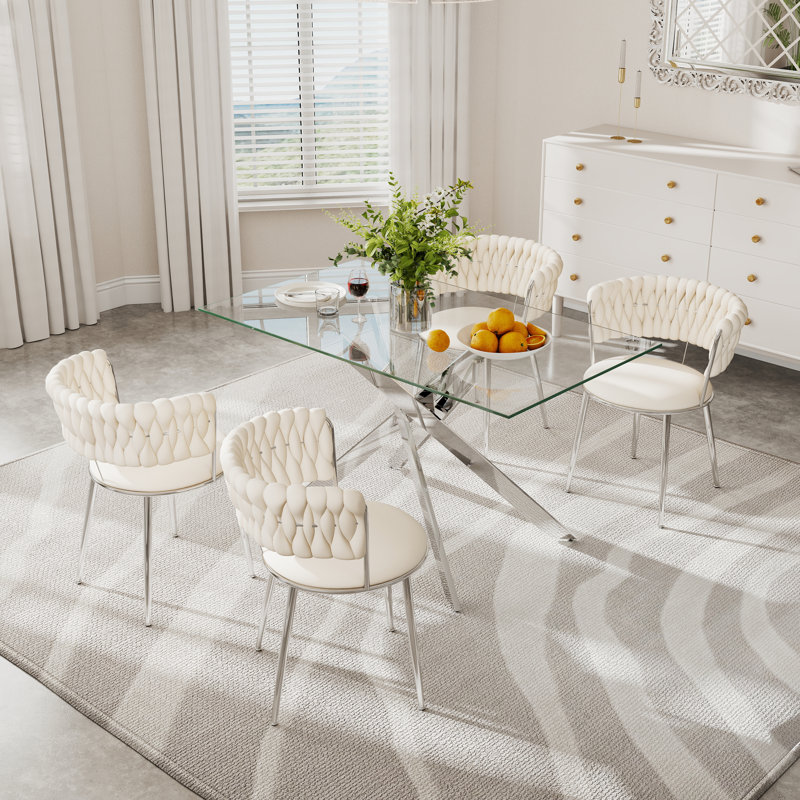 Clear Rectangle Pedestal Dining Set with Weaven Velvet Dininig Chair, 5 Pieces: Table, 4 Chairs, 29.3"H x 51"L x 29.5"W