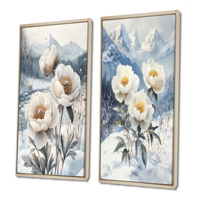 Neige pivoines dans le paysage d'hiver I - Collection d'art mural floral 2 pièces