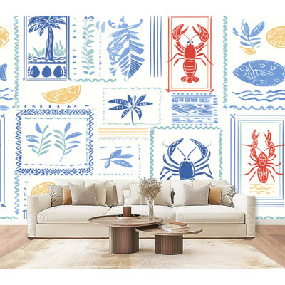 Papier peint adhésif rétro bleu rétro 69 pi x 96 po Coastal Lime Medley