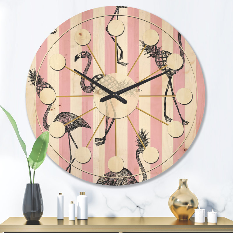 Flamant rose sur horloge murale Mid-Century, Grand