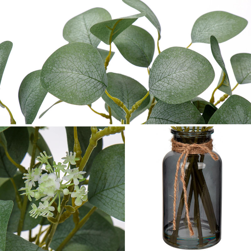 14" Frosted Green Eucalyptus Stems in Black Glass Vase