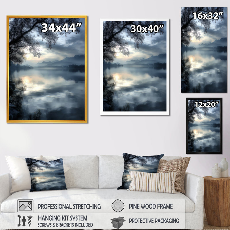 «Serene Lake At Dawn With First Light», reproduction d'art sur toile encadrée, H 20 po x l 12 po, Cadre photo unique, White