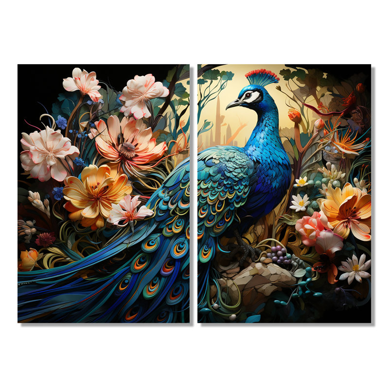 Teal Peacock Parade I - Art mural moderne, H 36 po x l 48 po, Toile tendue, Ne s’applique pas