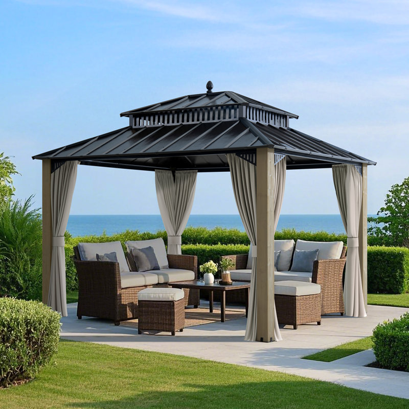 SUNJOY Kingston 12x10 Gazebo, Steel Hardtop Gazebo with Curtain and Netting - Cedar Posts, 12x10