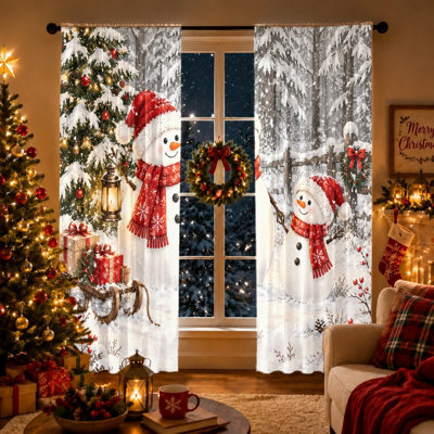 2Pcs Winter Snowman Print Curtains Light Filtering Rod Pocket Window Drapes for Bedroom Living Room Kitchen, Cute Festive Wall Decor, Christmas Home Decor and Accessories