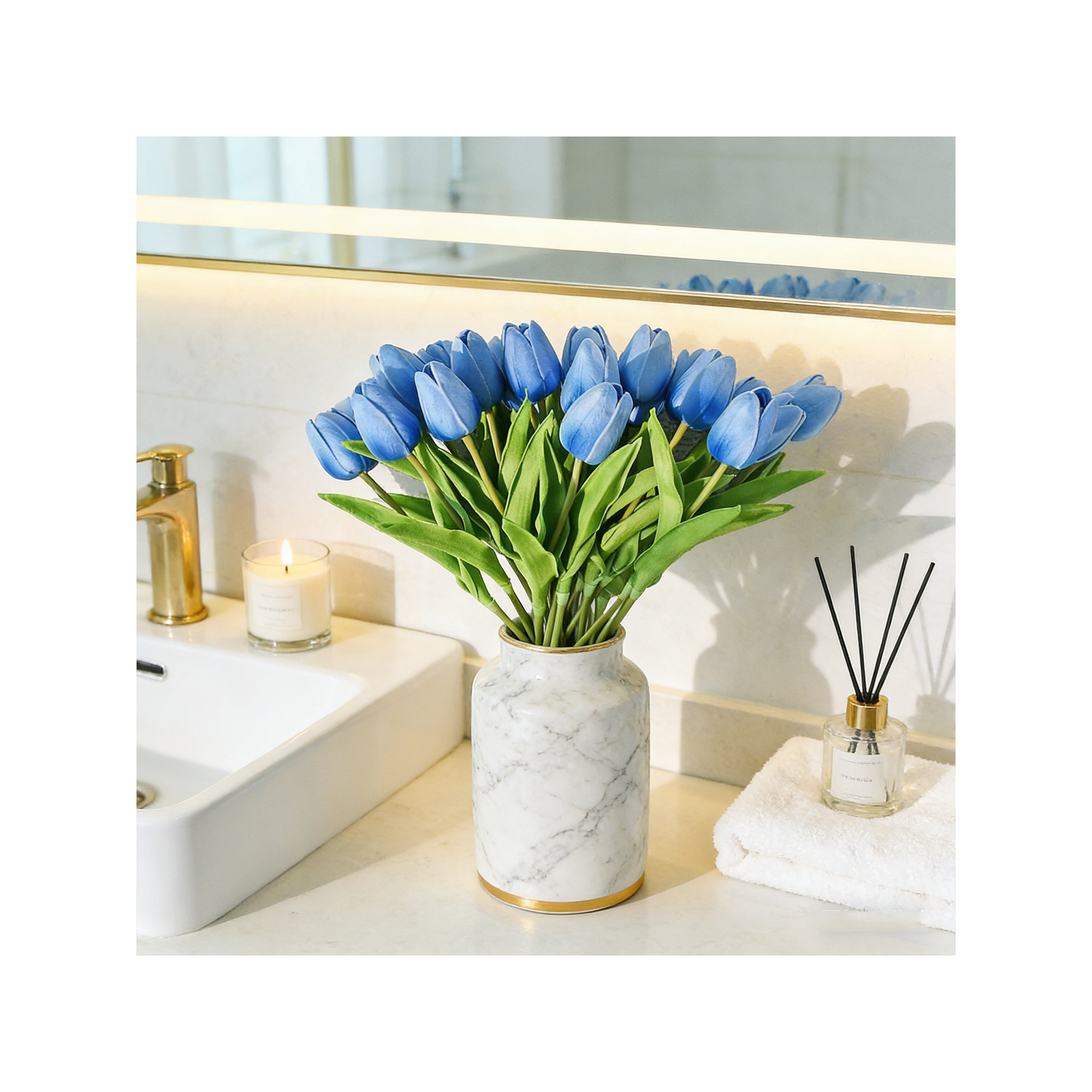20PCS Tulips Artificial Flowers Faux Silk Tulip Stems Fake Flowers Bouquets for Vase Wedding Home Decoration, Blue