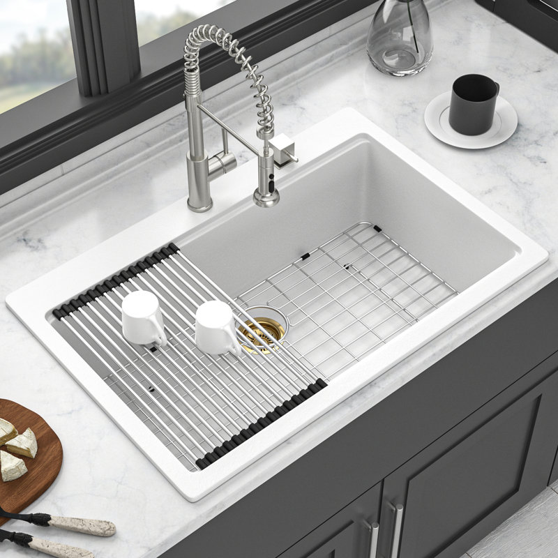 33" X 22" White Composite Workstation Kitchen Sink, Drop - In, Quiet Operation, Rounded Corners, Easy Cleaning, Drying Roll Up Rack, Cutting Board Strong And Quiet, Assembly,
