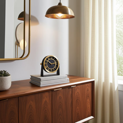 Modern Metal and Glass Clock with Roman Numerals and Exposed Frame Stand in Mixed Resin and Aluminum Design