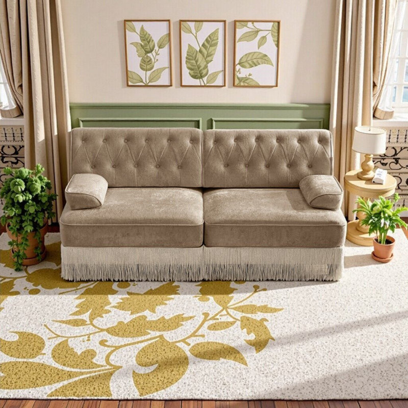 Elegant Camel Velvet Chesterfield Sofa - Soft Button Tufted Design with Tassel Skirt, Modular & Cozy for Living Room, Camel