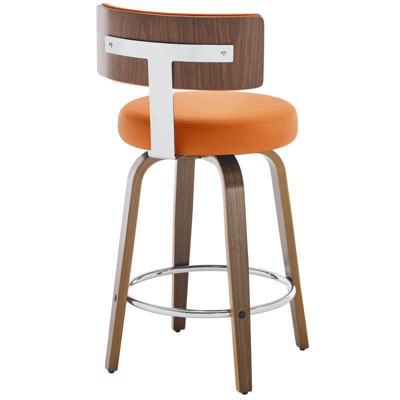 Orange Faux Leather Swivel Counter Stools with Walnut Wood Legs