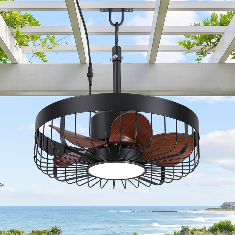 19" Outdoor Plug-In Caged Ceiling Fan with Light and Remote, Waterproof Patio Gazebo Fan with 3CCT LED Light, 6-Speed Reversible DC Motor, Brown