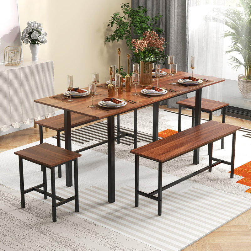 Dining Table Set 5 Piece Kitchen Table Set With Extendable Table 2 Benches & 2 Stools Space-saving Design Modern Dinette Set For Kitchen Dining Room Restaurant Accommodate 4-6 People