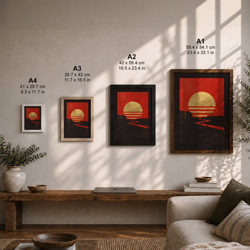 Industrial Sunset Geometric - Framed Print, A2 - 59.4 x 42.0 cm, Oak