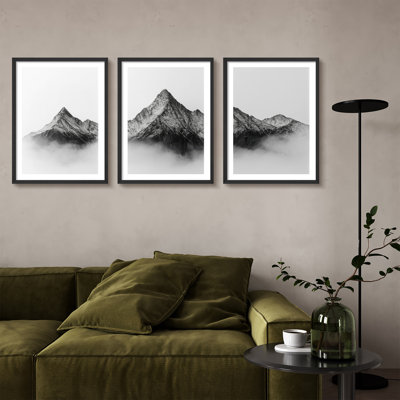 Black and White Snowy Mountain Landscape Framed Wall Art Prints Set of 3 - Minimalist Alpine Peaks for Living Room Bedroom Office Entryway