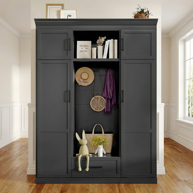 Modern Large Hall Tree with Bench & Storage – Layered Top, Adjustable Shelves, Hidden Drawer, Black