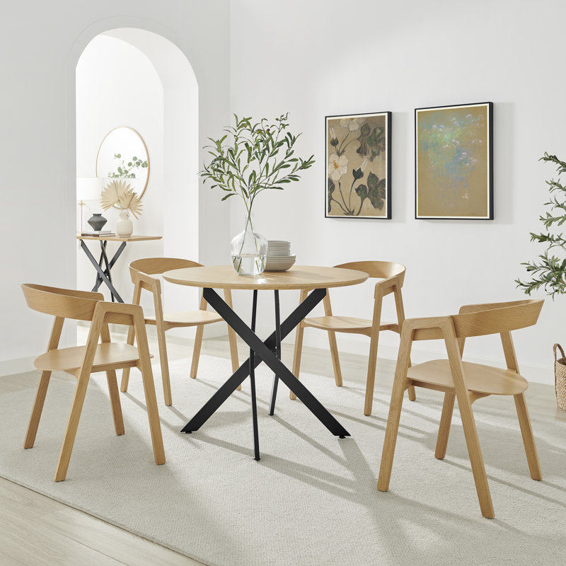 Hadlow Veneer & Metal Round Dining Table With Arvey Oak Veneer Chairs - Modern Statement Design, 4, Oak