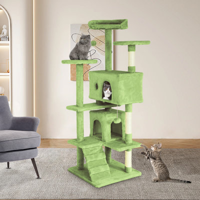 Cat Tree 54 Inch Cat Condo Stand House Multi-Level Cat Tower Durable Cat Scratching Post & Cozy Fun Indoor Cat Jumping Platform Kitty Activity Center With Furry Ball Toys For Cats, Green