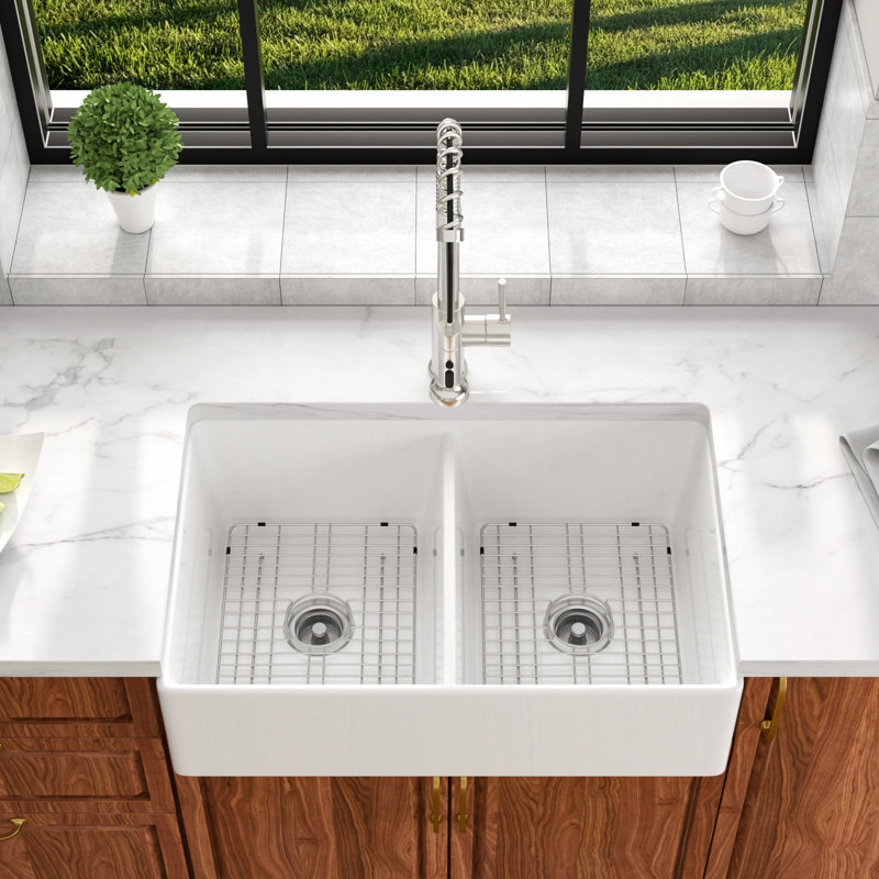 Évier de cuisine à double cuve en céramique blanche 33 po x l 20 po 33 po x 33 po, Pop-up Drain
