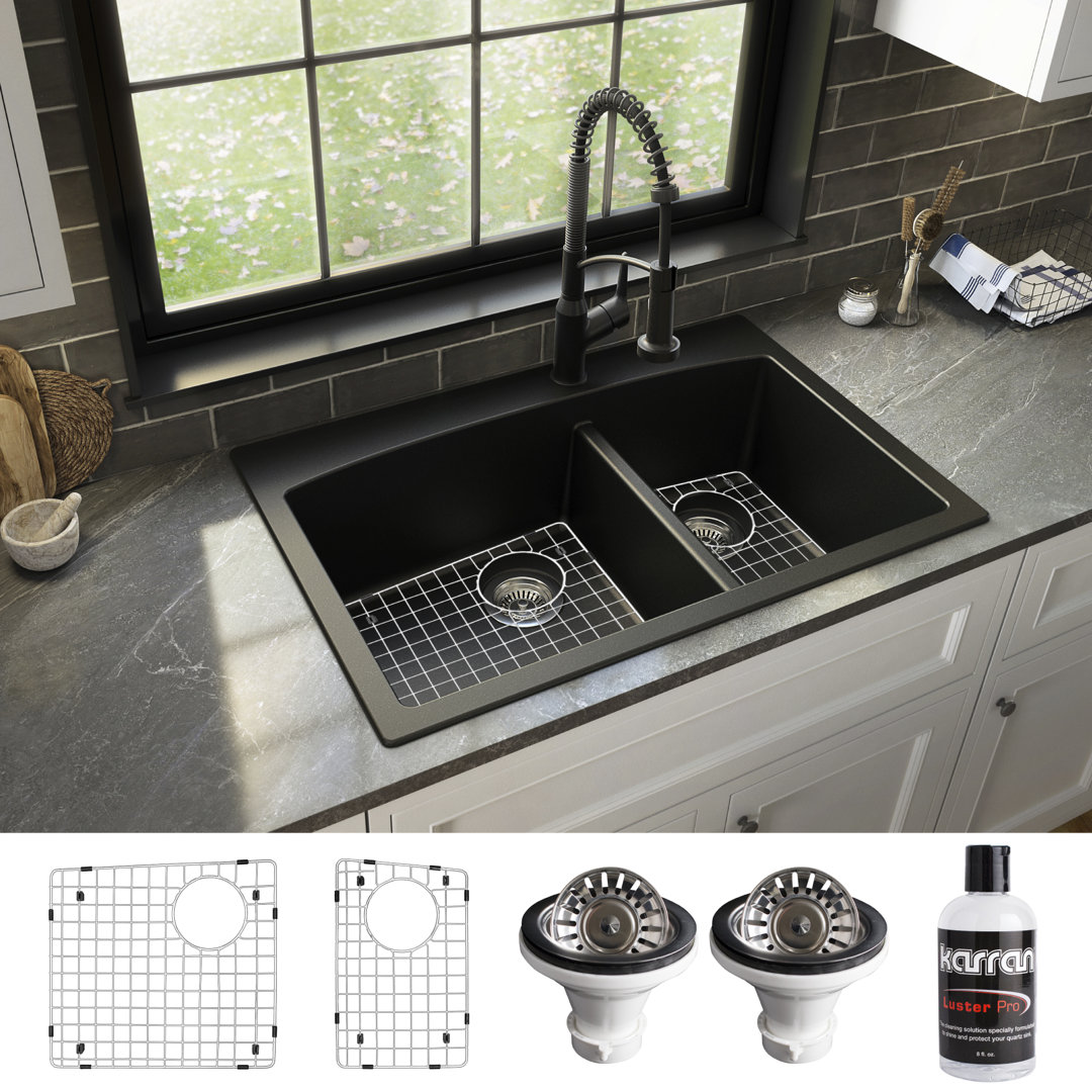 Karran Quartz 33'' X 22'' Double Bowl 60/40 Top Mount Drop-in Kitchen Sink Kit Karran 