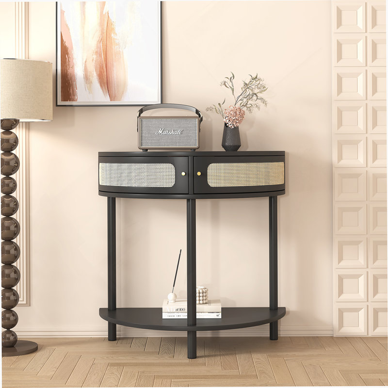 Unique Half Moon Design End Table with Sliding Rattan Door,Elegant Semi-circle Entryway