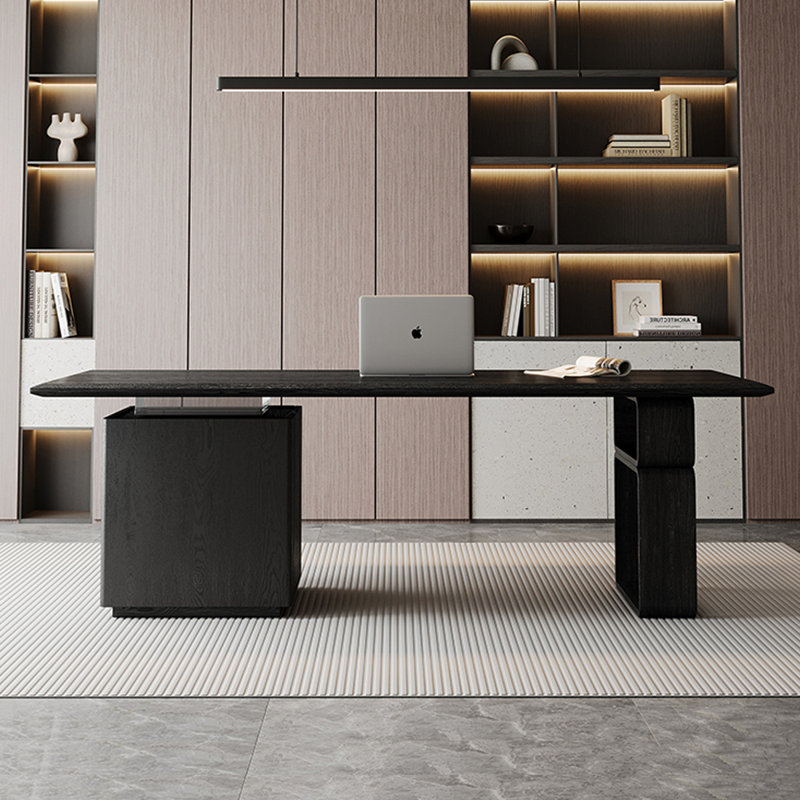 Bureau rectangulaire noir massif + bois manufacturé + acrylique avec 2 tiroirs, Right Hand Return