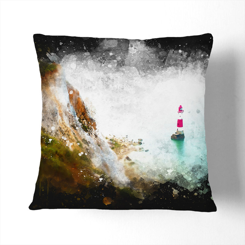Lighthouse by the Coast Paint Splash Cushion with Filling, 40cm H x 40cm W x 15cm D, Stone