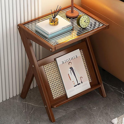 Solid Wood Side Table with Glass Top and Rattan Magazine Rack – End Table for Living Room & Bedroom