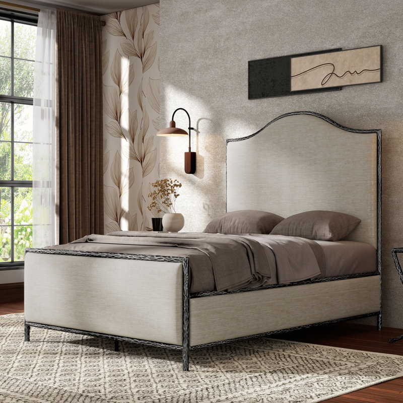 Lalia Modern Upholstered Hammered Metal Camelback Bed, Matte Gray, Full