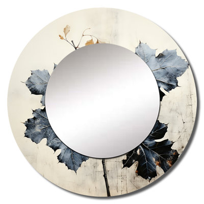 Minimalist Granite Leaves - Leaves Decorative Wall Mirror, Traditional Large Round Mirror, Printed Metal Art