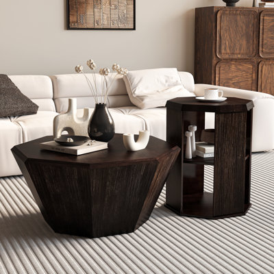 31.5 "Octagonal Rubber Wood Set Of Two Coffee Table, Coffee Table, Living Room Bedroom(Set Of Two Pieces)