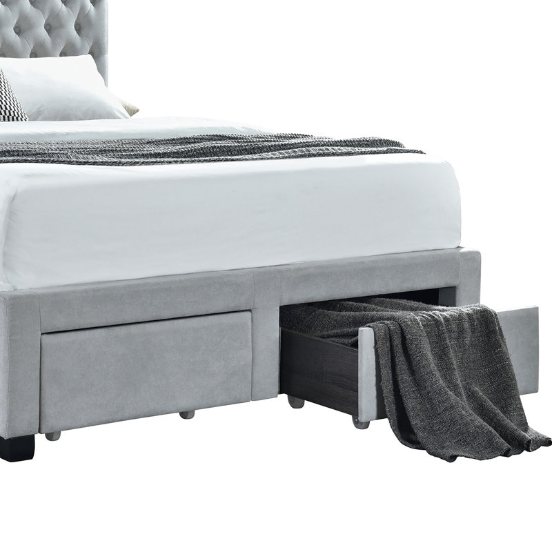 Lit de rangement capitonné gris clair à 4 tiroirs, Double, Gris