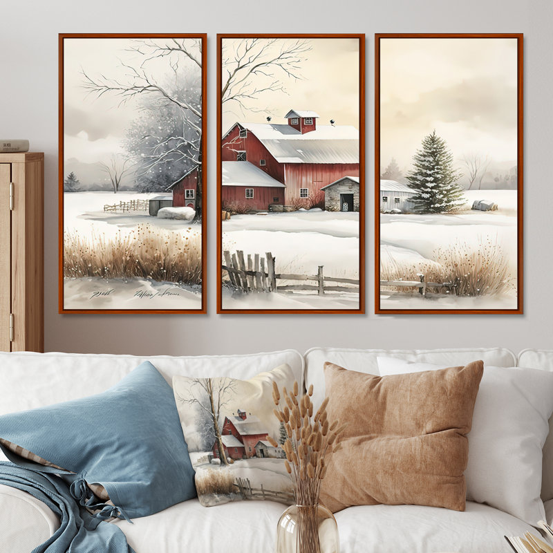 Calm Red Barn In Winter IV - 3 pièces sur toile, H 40 po x l 60 po, Cadre flottant brun
