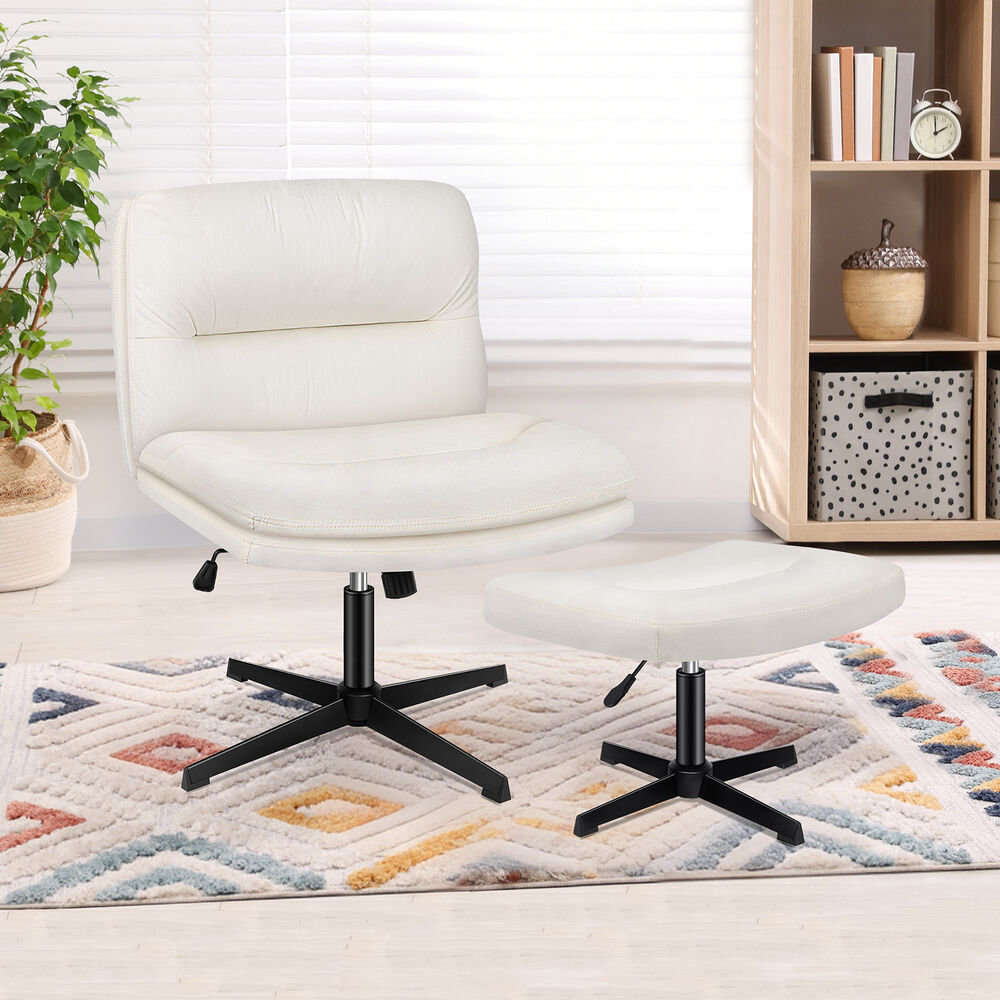 ELFORDSON Cross Legged Office Chair With Ottoman, Wide Seat Armless Desk Chairs No Wheels Mid Back Velvet Pink 85778847